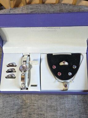 Vintage Andre Monique Changeable Stones Watch Ring Necklace Jewelry Set